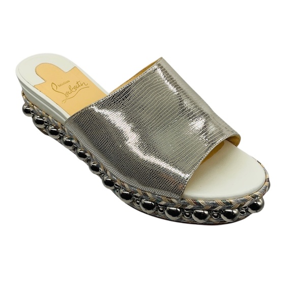 CHRISTIAN LOUBOUTIN SILVER METALLIC STUDDED SLIDE SANDALS